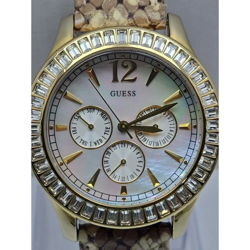GUESS Womens Gold Tone MOP Day Date Watch Crystals Snake Leather New Battery